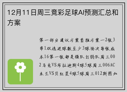 12月11日周三竞彩足球AI预测汇总和方案